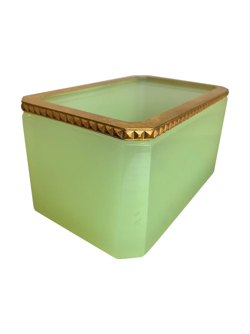 A green opaline jewellery box with gilt metal edging dating from the 1950s made by Murano