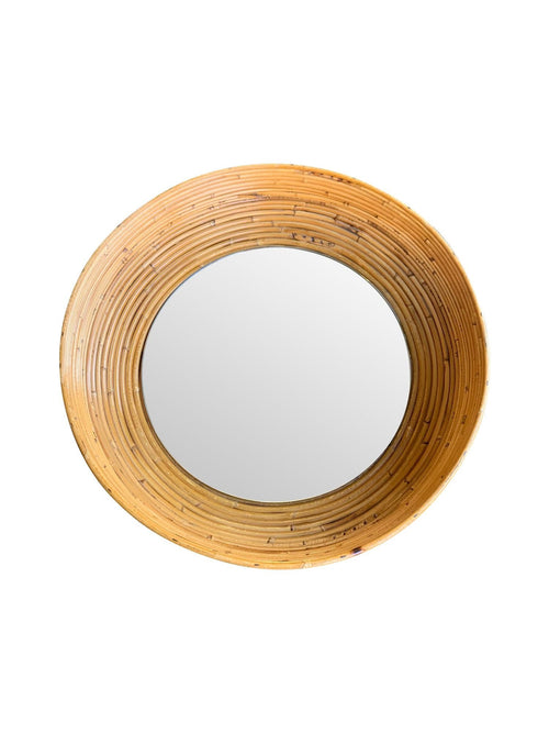 Italian 1970s circular pencil reed bamboo mirror with three dimensional bowl frame - Mid Century Mirror