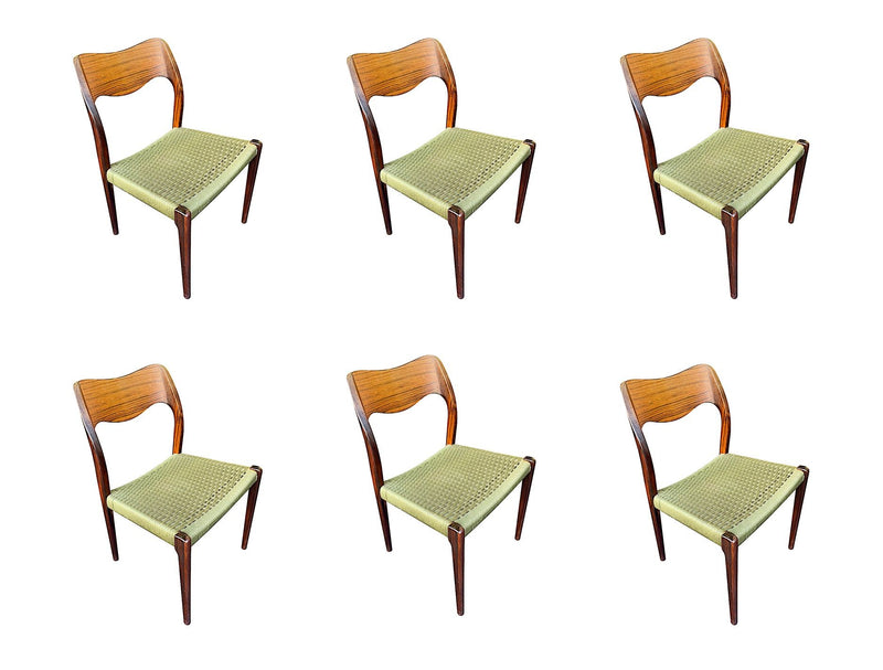 6 1950s Moller 71 Chairs Rosewood Green Strung Seat - Mid Century Chairs - Ed Butcher Antiques