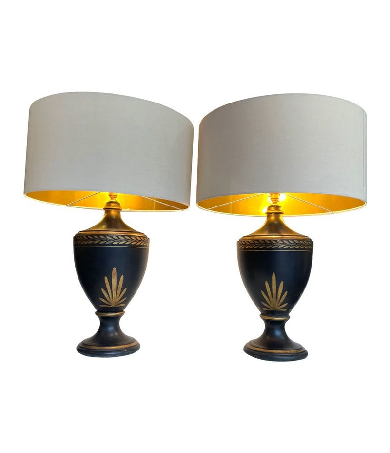 Mid century table lamps black ceramic gilt painted in a classical style - Mid Century Lighting - 1970's table lamps