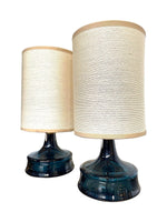 A pair of Swedish Orrefors blue glass lamps by Carl Fagerlund with brass collar