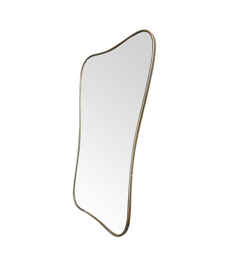 A large original 1950s Italian curved brass framed mirror with original plate