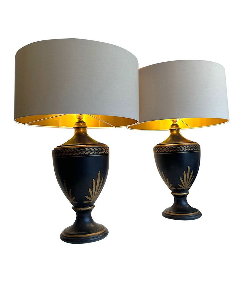 Mid century table lamps black ceramic gilt painted in a classical style - Mid Century Lighting - 1970's table lamps