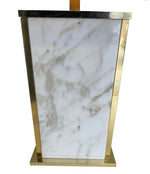 A pair of Italian 1970s Carrera Marble table lamps with gilt metal trim and new bespoke black and gold shades