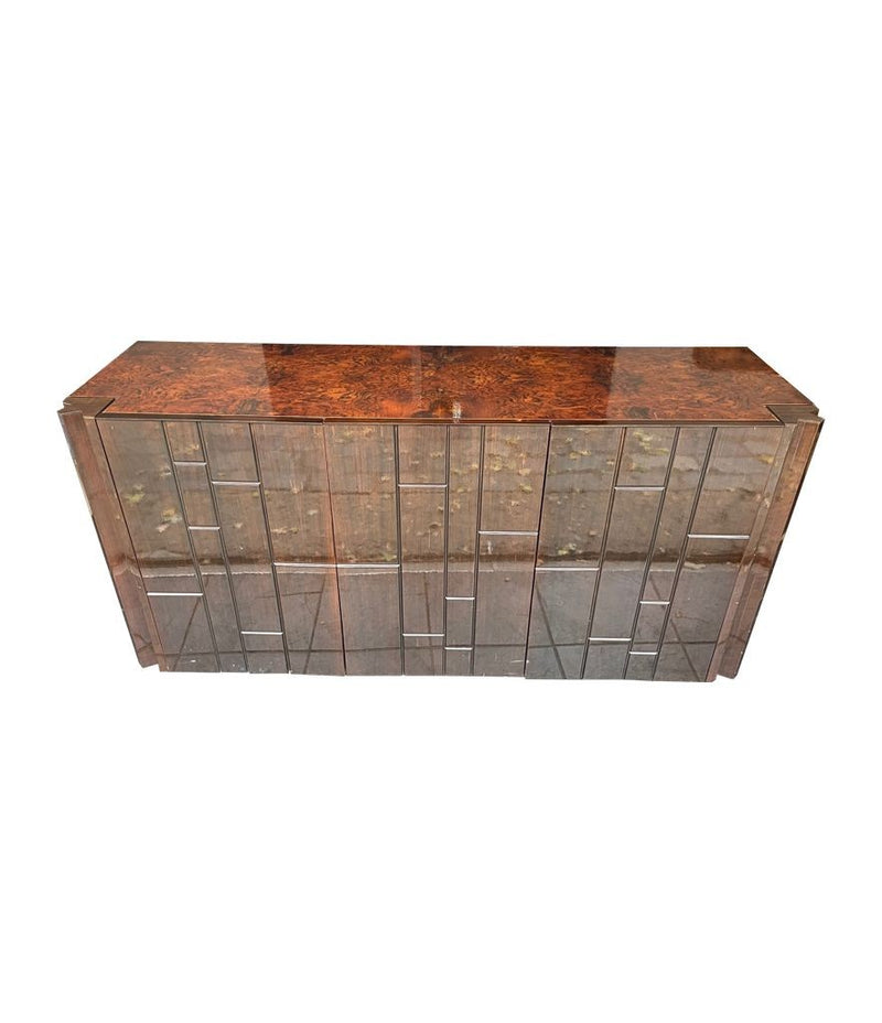 A Luciano Frigerio credenza sideboard with burl-wood top and geometric patterned doors - Mid Century Sideboard