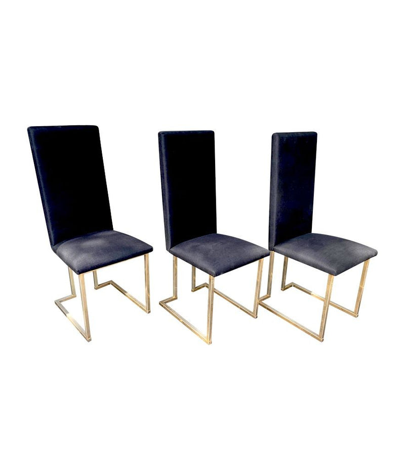 6 1970s dining chairs with gilt metal angular legs and black upholstered seats by Willy Rizzo - Mid Century Furniture - Ed Butcher - Antiques Shop London