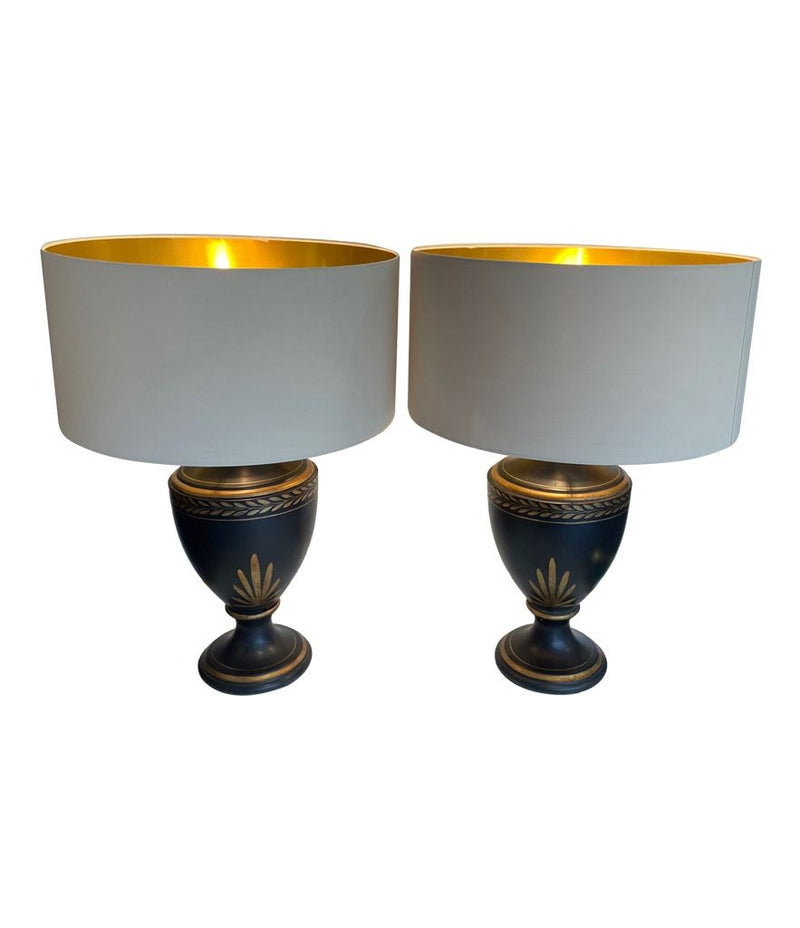 Mid century table lamps black ceramic gilt painted in a classical style - Mid Century Lighting - 1970's table lamps