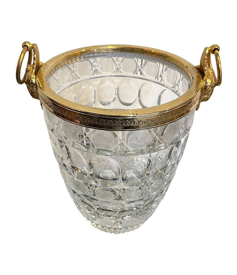 A 1960S GLASS AND GILT METAL CHAMPAGNE BUCKET WITH RAM HEAD HANDLES