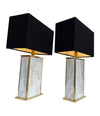 A pair of Italian 1970s Carrera Marble table lamps with gilt metal trim and new bespoke black and gold shades