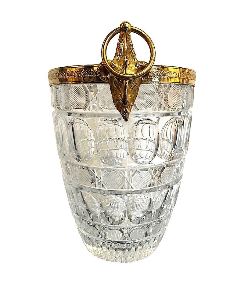 A 1960S GLASS AND GILT METAL CHAMPAGNE BUCKET WITH RAM HEAD HANDLES