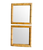 A pair of large square mirrors with thick bamboo frames