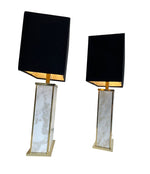 A pair of Italian 1970s Carrera Marble table lamps with gilt metal trim and new bespoke black and gold shades