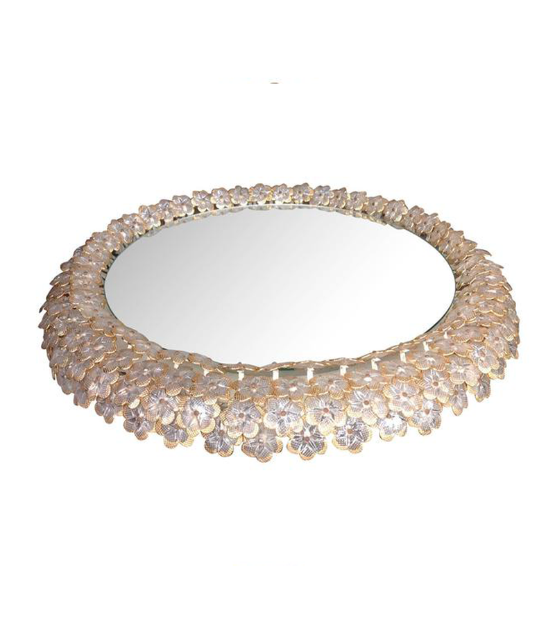 A BEAUTIFUL EMIL STEJNAR BACK LIT MIRROR WITH GLASS FLOWERS SURROUND