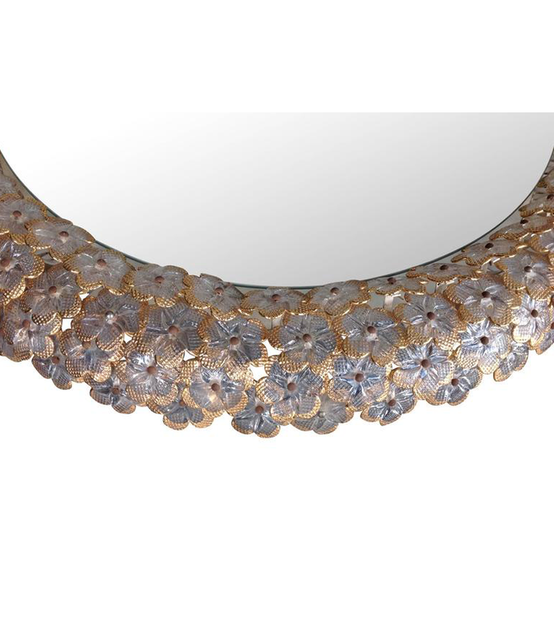 A BEAUTIFUL EMIL STEJNAR BACK LIT MIRROR WITH GLASS FLOWERS SURROUND