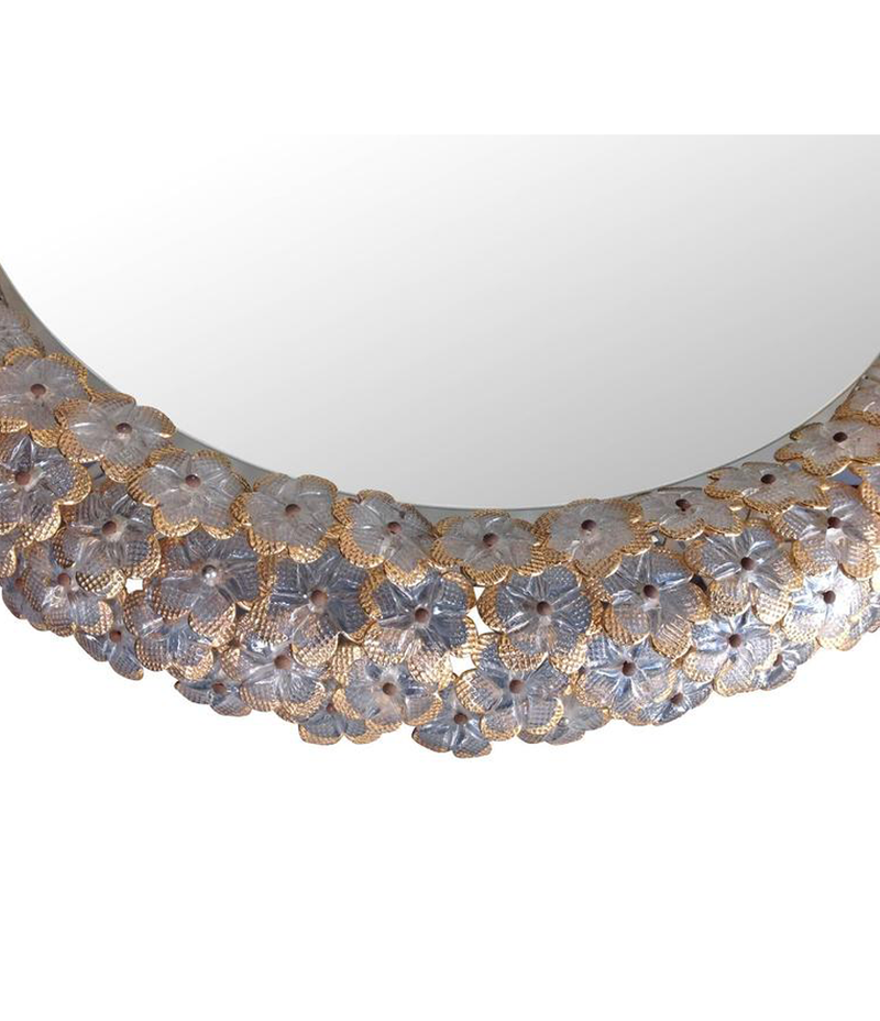 A BEAUTIFUL EMIL STEJNAR BACK LIT MIRROR WITH GLASS FLOWERS SURROUND