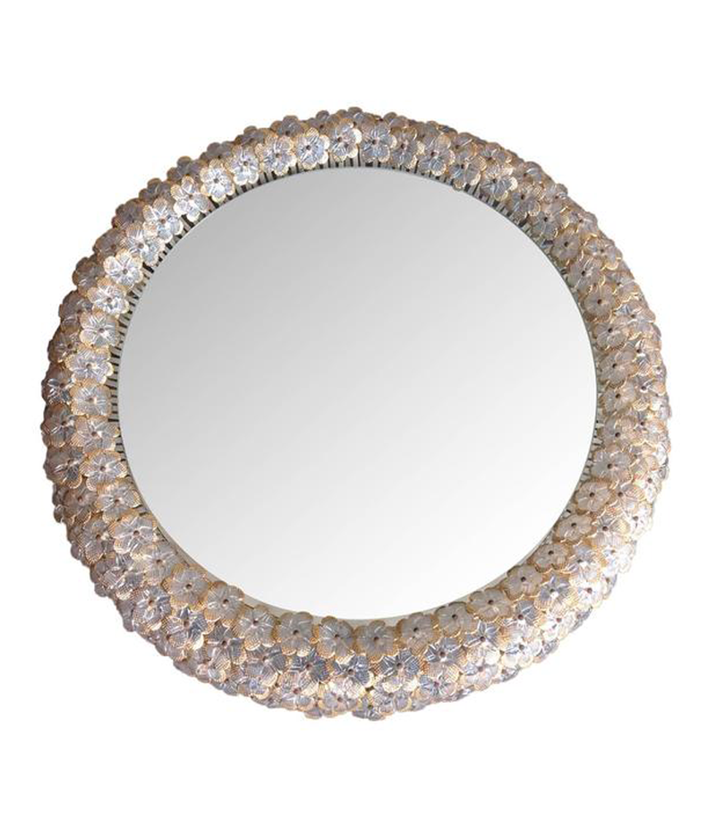 A BEAUTIFUL EMIL STEJNAR BACK LIT MIRROR WITH GLASS FLOWERS SURROUND