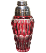  A CRANBERRY GLASS COCKTAIL SHAKER WITH SILVER PLATE