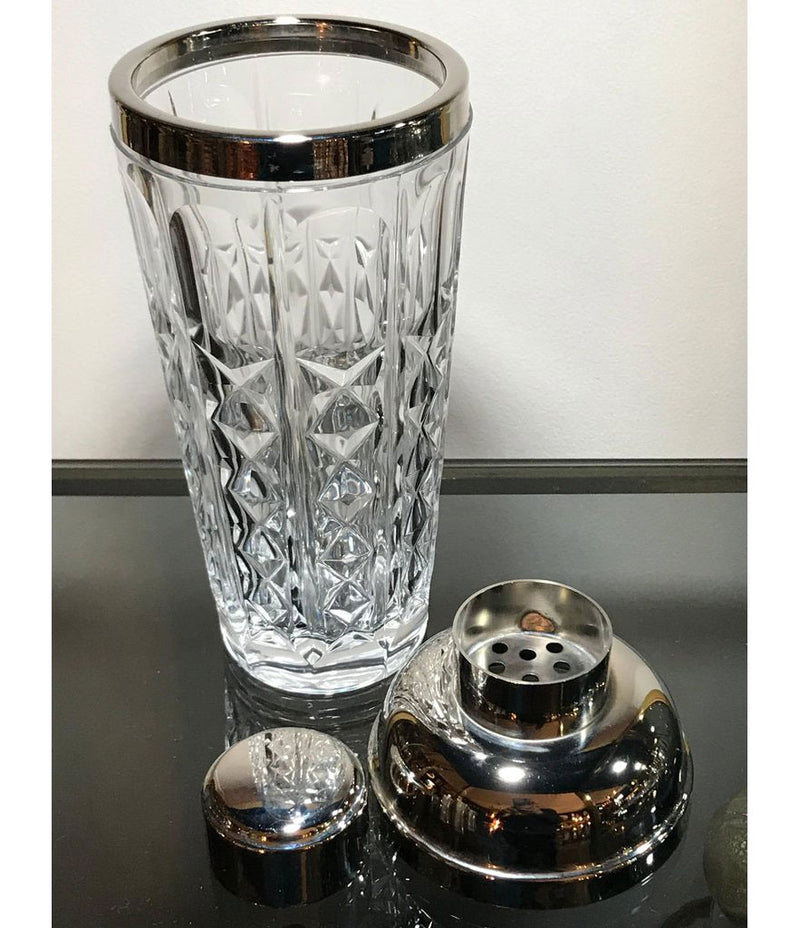 A CRYSTAL AND SILVER PLATE ITALIAN COCKTIAL SHAKER