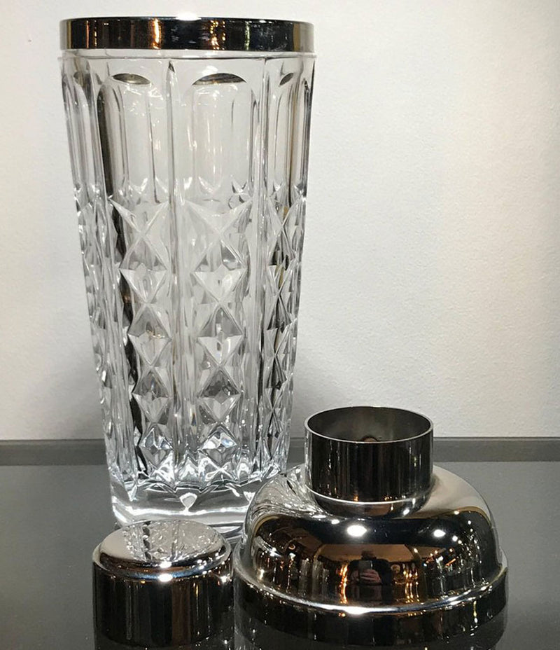 A CRYSTAL AND SILVER PLATE ITALIAN COCKTIAL SHAKER