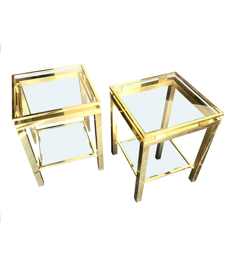 PAIR OF GUY LEFEVRE STYLE POLISHED GILT METAL SIDE TABLES WITH 2 GLASS SHELVES