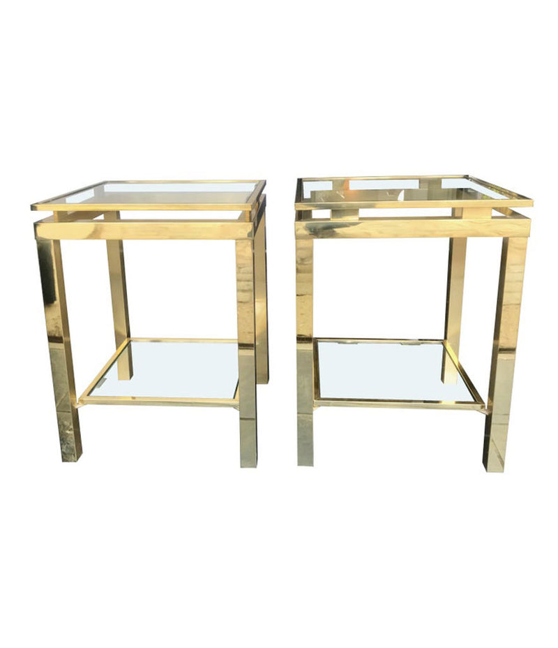 PAIR OF GUY LEFEVRE STYLE POLISHED GILT METAL SIDE TABLES WITH 2 GLASS SHELVES