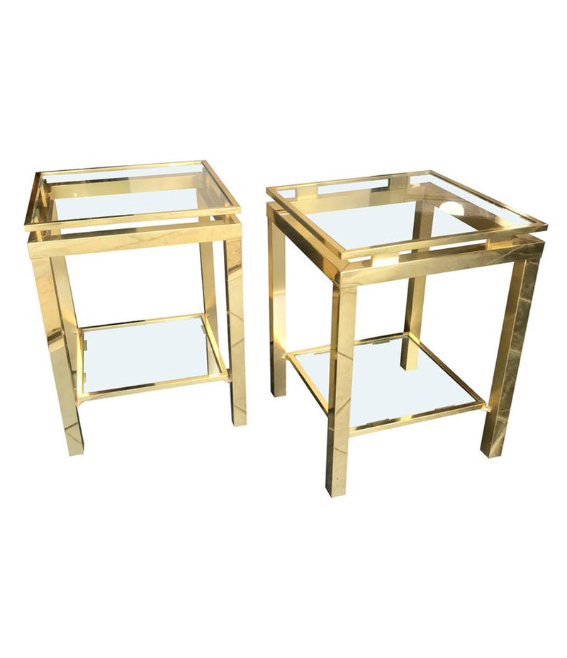 PAIR OF GUY LEFEVRE STYLE POLISHED GILT METAL SIDE TABLES WITH 2 GLASS SHELVES