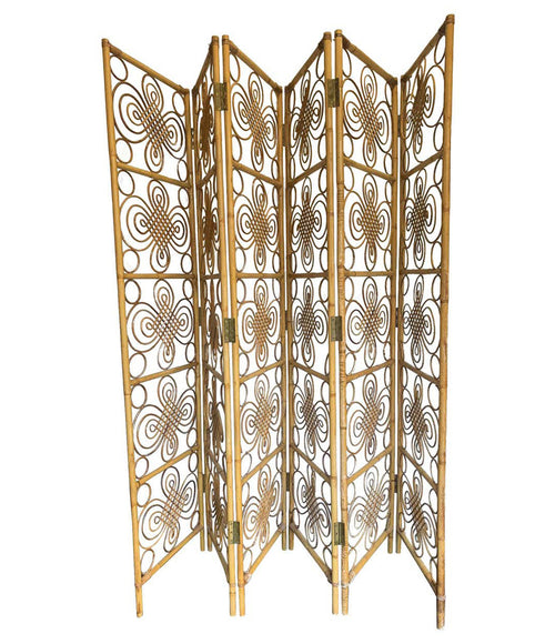 A LARGE 1970S FRENCH RIVIERA HINGED SIX PANEL BAMBOO SCREEN, ROOM DIVIDER