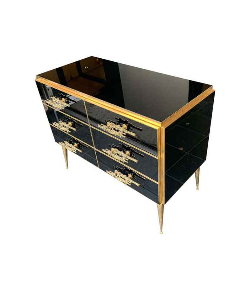 Italian Black Glass & Brass Chest of Drawers with Brutalist Brass Handles - Ed Butcher Antiques