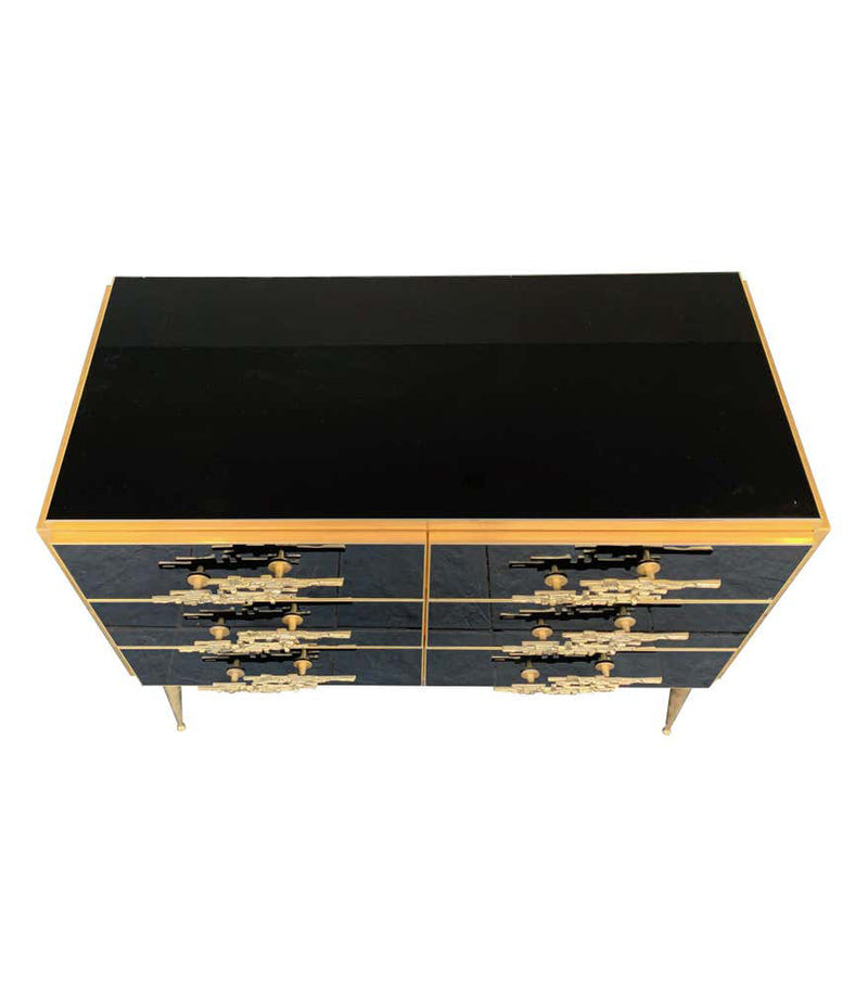 Italian Black Glass & Brass Chest of Drawers with Brutalist Brass Handles - Ed Butcher Antiques
