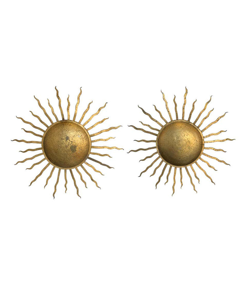  A PAIR OF 1950S LARGE WROUGHT IRON GILT SPANISH SUNBURSTS WALL SCULPTURES