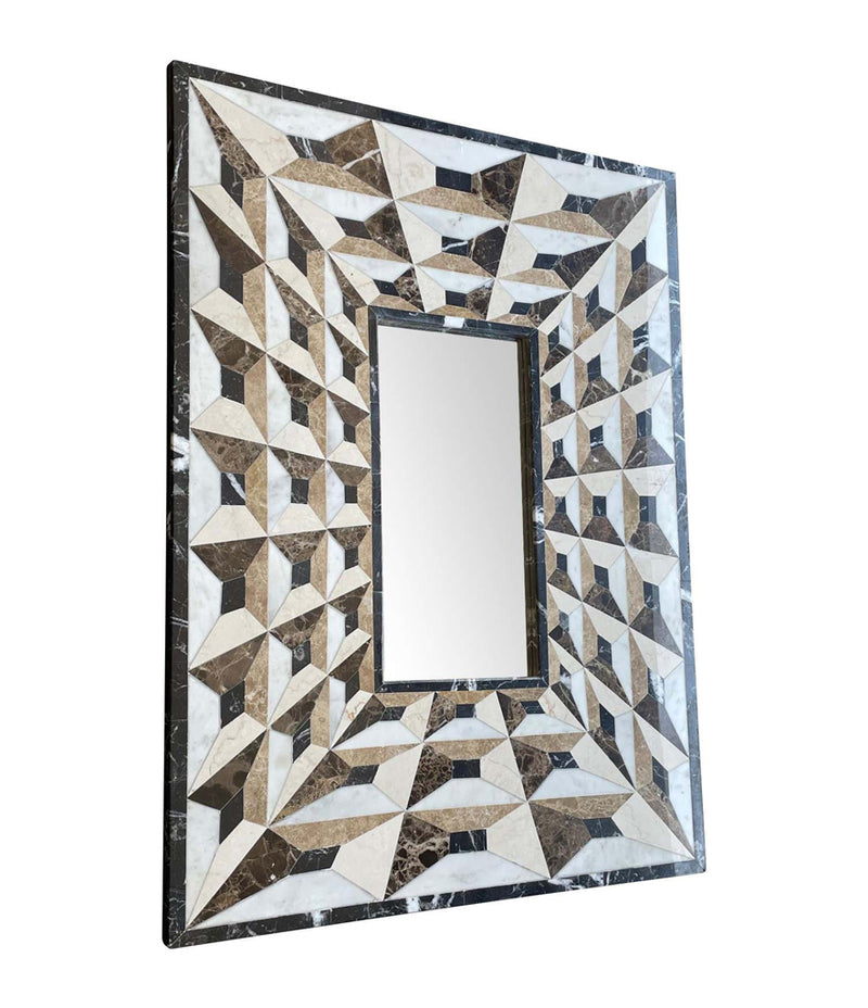 ART DECO MIRROR WITH TESSELLATED MARBLE SURROUND CREATING OPTICAL PERSPECTIVE