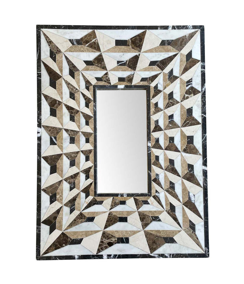 ART DECO MIRROR WITH TESSELLATED MARBLE SURROUND CREATING OPTICAL PERSPECTIVE