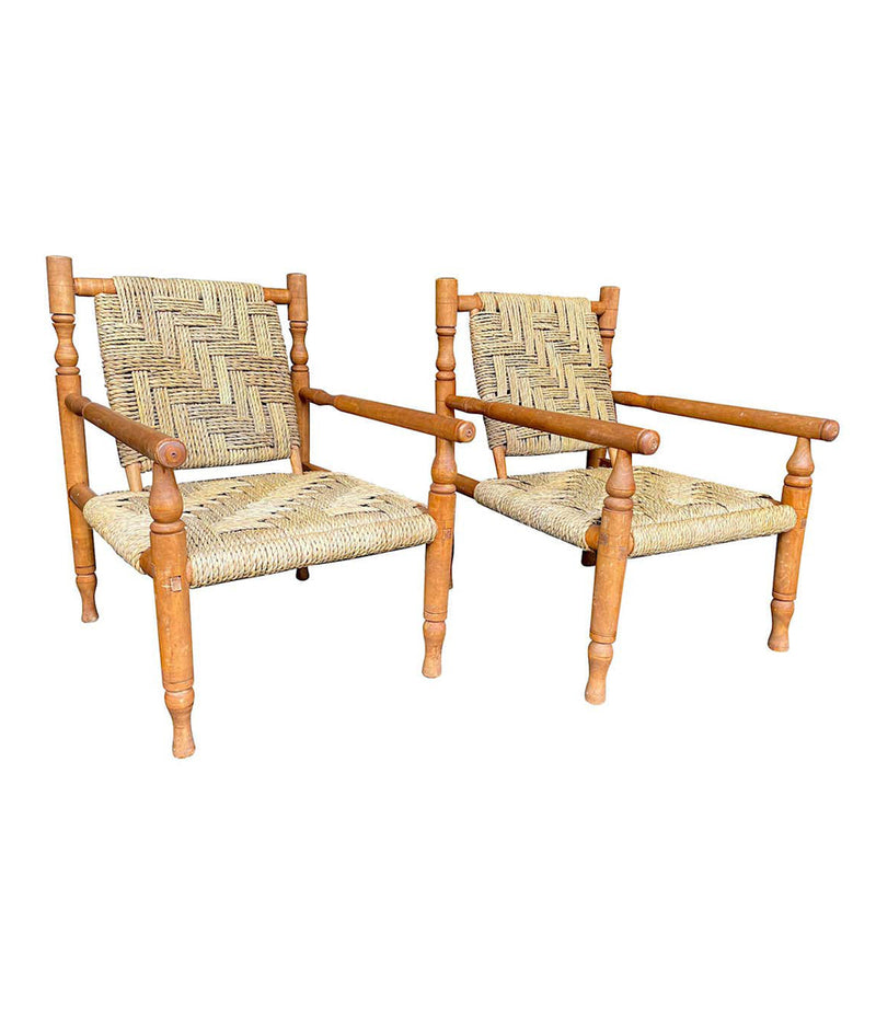 A WONDERFUL PAIR OF 1950S FRENCH ROPE AND WOOD CHAIRS BY AUDOUX AND MINET