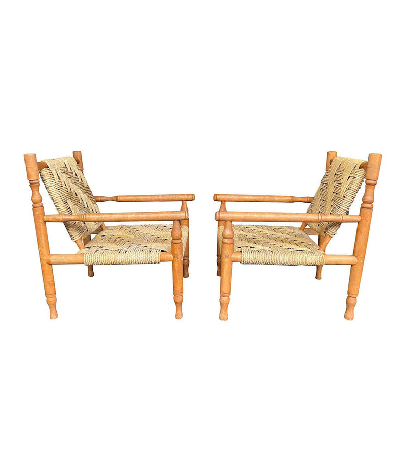 A WONDERFUL PAIR OF 1950S FRENCH ROPE AND WOOD CHAIRS BY AUDOUX AND MINET