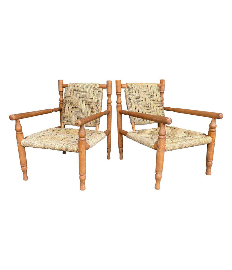 A WONDERFUL PAIR OF 1950S FRENCH ROPE AND WOOD CHAIRS BY AUDOUX AND MINET