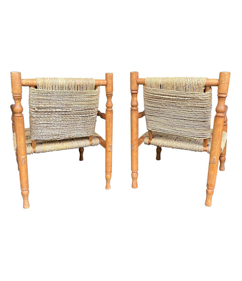 A WONDERFUL PAIR OF 1950S FRENCH ROPE AND WOOD CHAIRS BY AUDOUX AND MINET