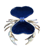 A FONDICA SOLID CAST CRAB WITH HINGED TOP SHELL WITH BLUE VELVET LINING