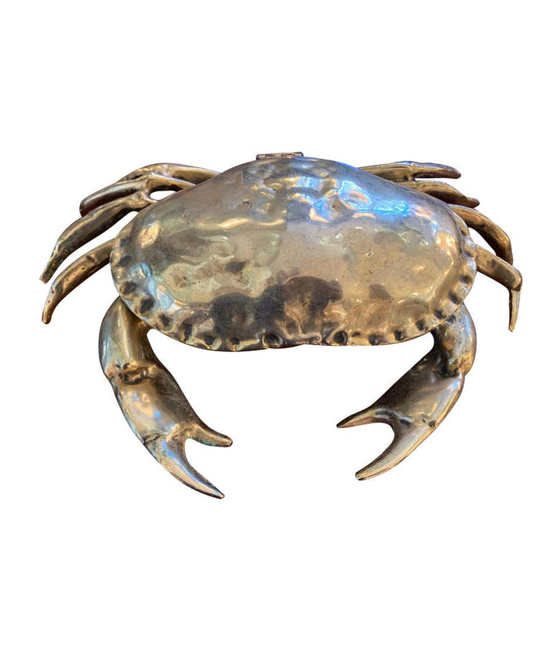 A FONDICA SOLID CAST CRAB WITH HINGED TOP SHELL WITH BLUE VELVET LINING