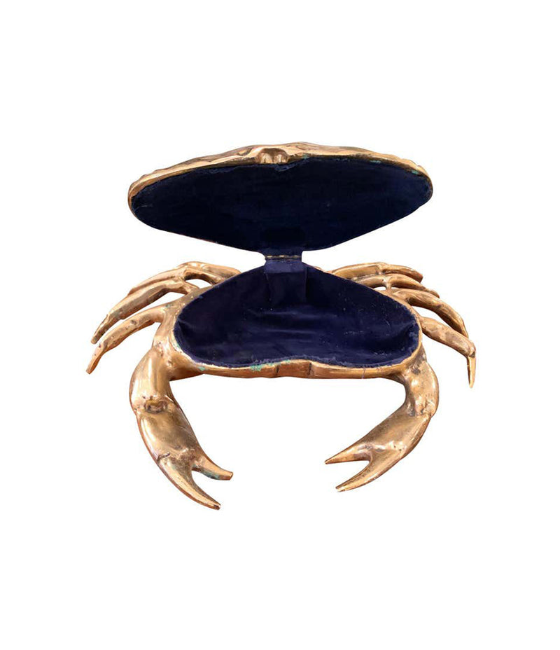 A FONDICA SOLID CAST CRAB WITH HINGED TOP SHELL WITH BLUE VELVET LINING