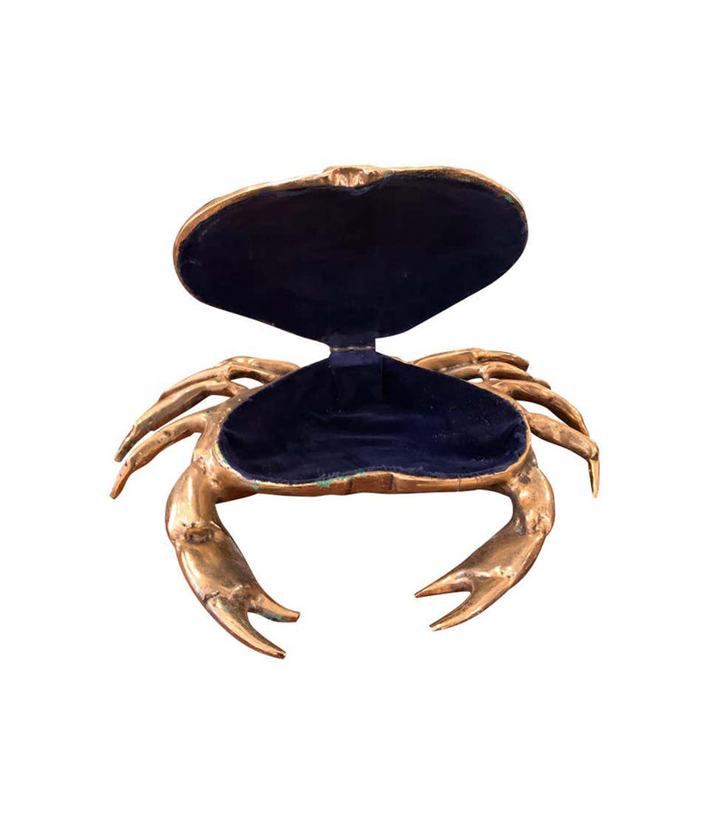 A FONDICA SOLID CAST CRAB WITH HINGED TOP SHELL WITH BLUE VELVET LINING