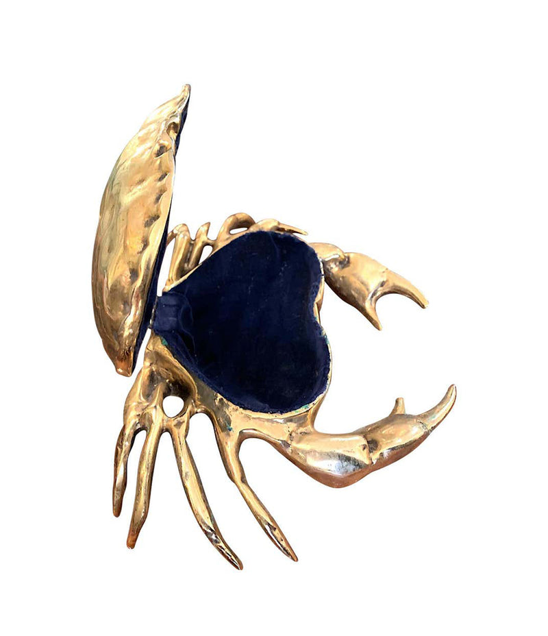 A FONDICA SOLID CAST CRAB WITH HINGED TOP SHELL WITH BLUE VELVET LINING