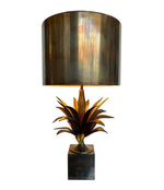 A MAISON CHARLES "AGAVE A GORGE" BRONZE LAMPS WITH ORIGNAL BRONZE SHADE, SIGNED