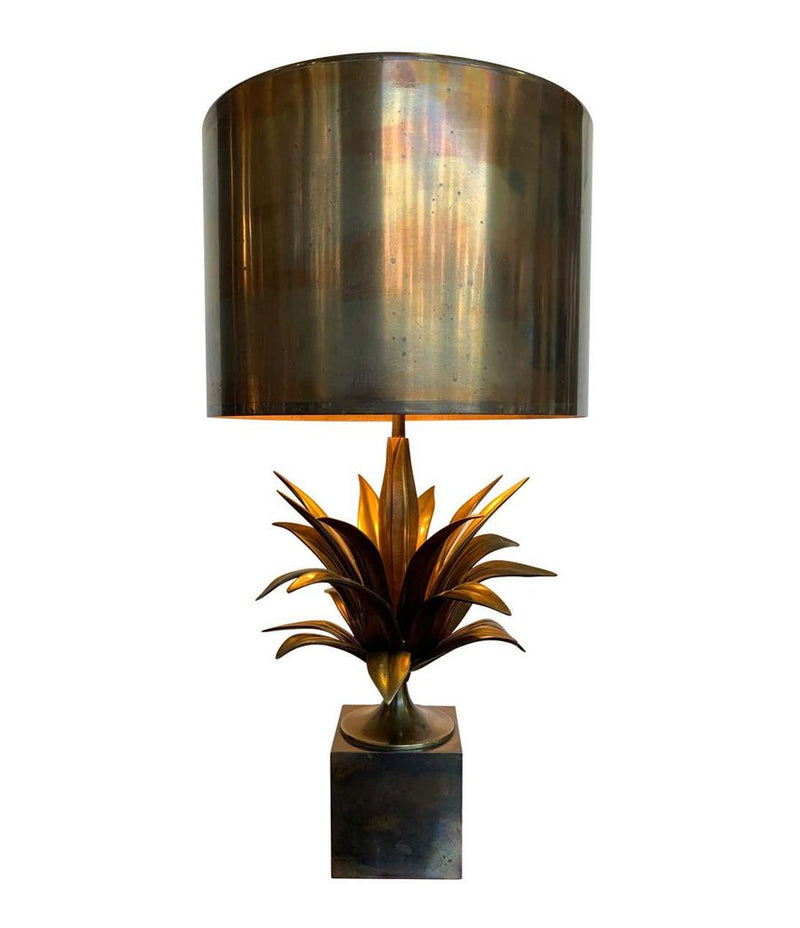 A MAISON CHARLES "AGAVE A GORGE" BRONZE LAMPS WITH ORIGNAL BRONZE SHADE, SIGNED