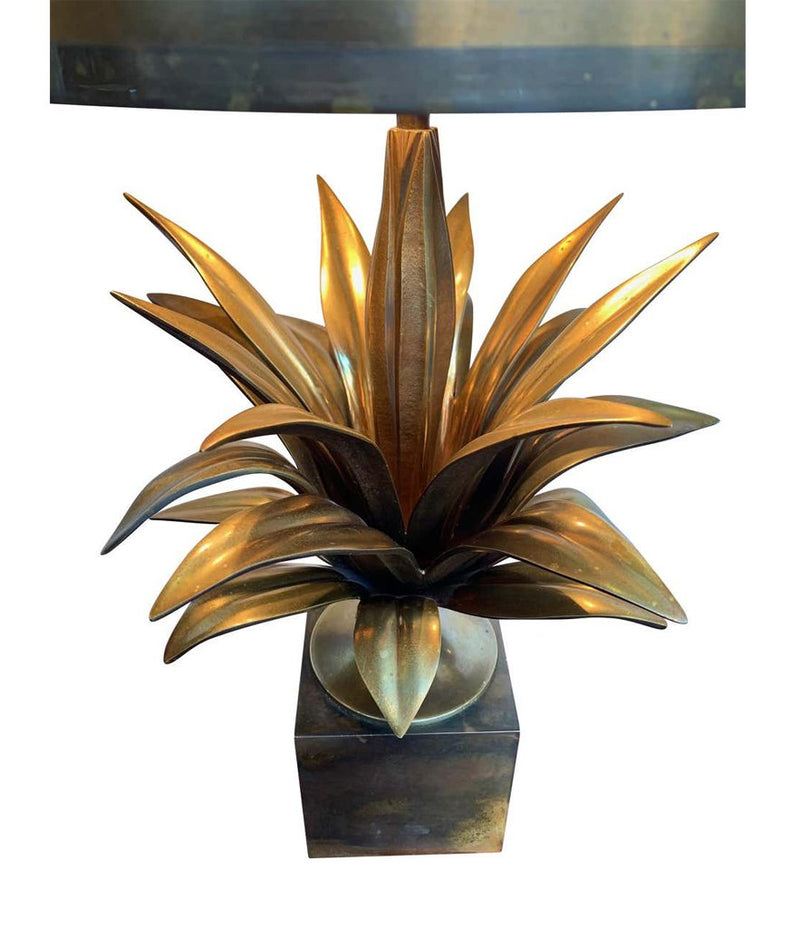 A MAISON CHARLES "AGAVE A GORGE" BRONZE LAMPS WITH ORIGNAL BRONZE SHADE, SIGNED