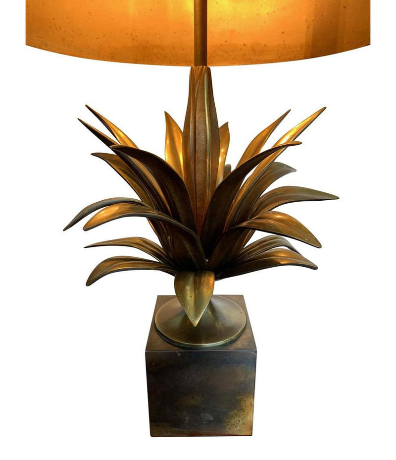 A MAISON CHARLES "AGAVE A GORGE" BRONZE LAMPS WITH ORIGNAL BRONZE SHADE, SIGNED
