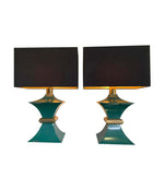A PAIR OF 1970S ROMEO REGA INTERESTINGLY SHAPED METAL LAMPS WITH TURQUOISE BASES