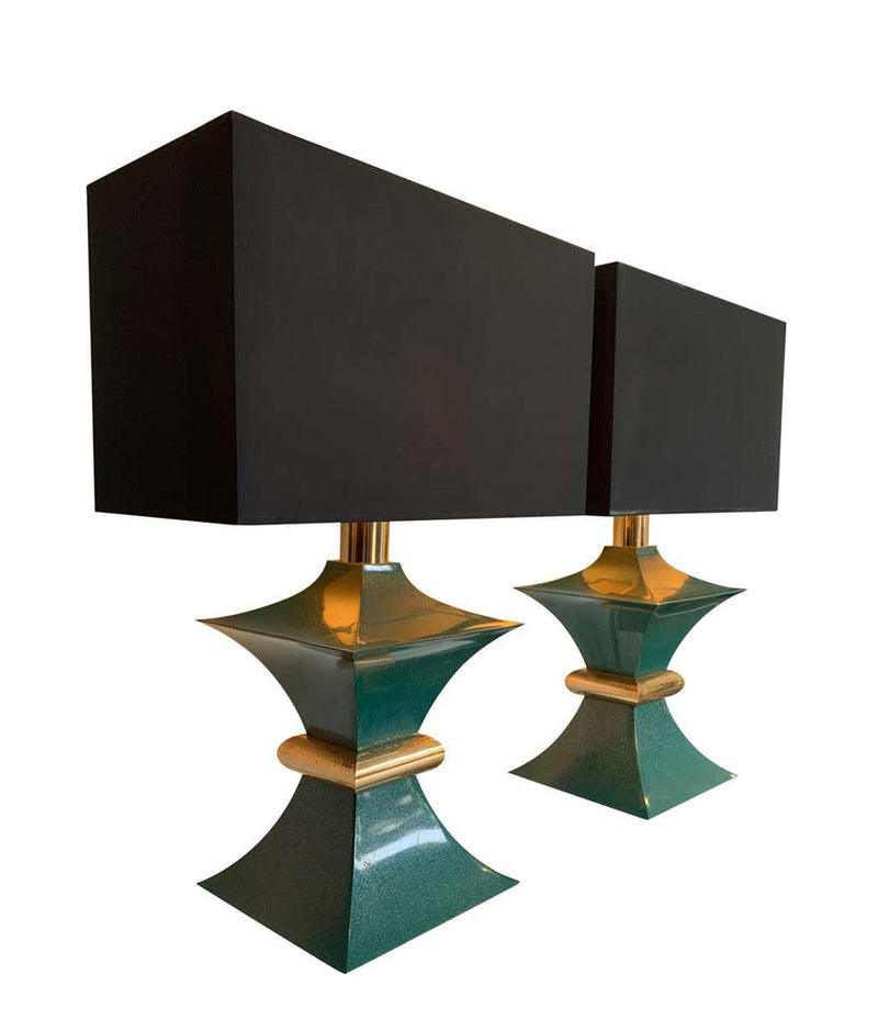 A PAIR OF 1970S ROMEO REGA INTERESTINGLY SHAPED METAL LAMPS WITH TURQUOISE BASES