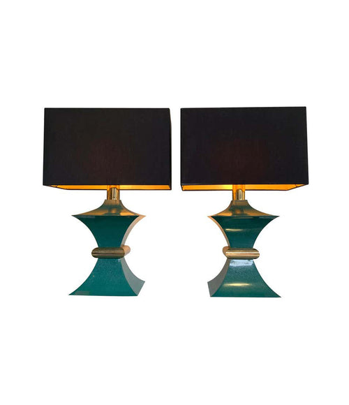 A PAIR OF 1970S ROMEO REGA INTERESTINGLY SHAPED METAL LAMPS WITH TURQUOISE BASES