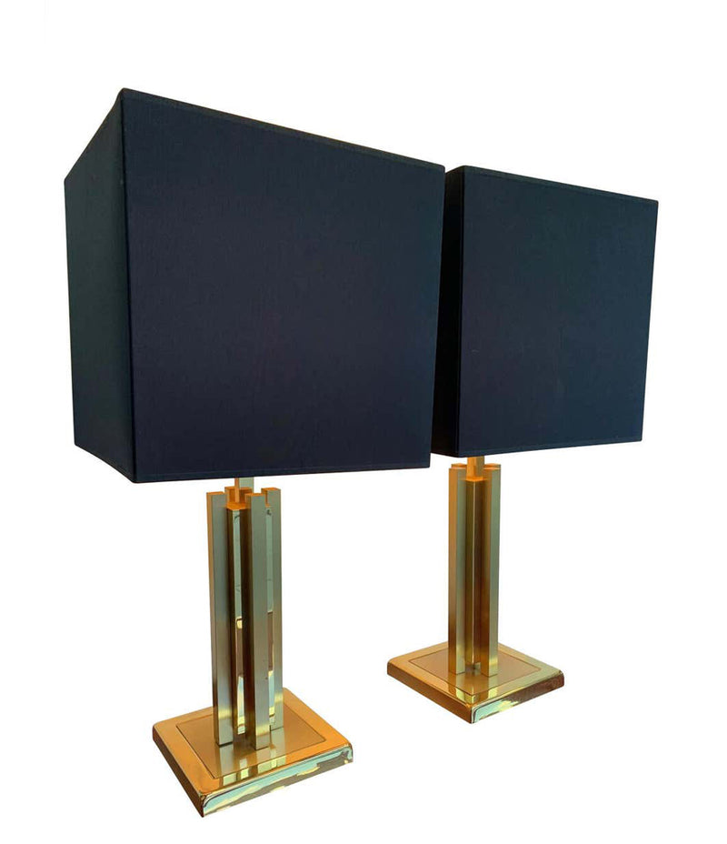 A PAIR OF 1970S WILLY RIZZO STLYE BRASS LAMPS WITH NEW BESPOKE SHADES