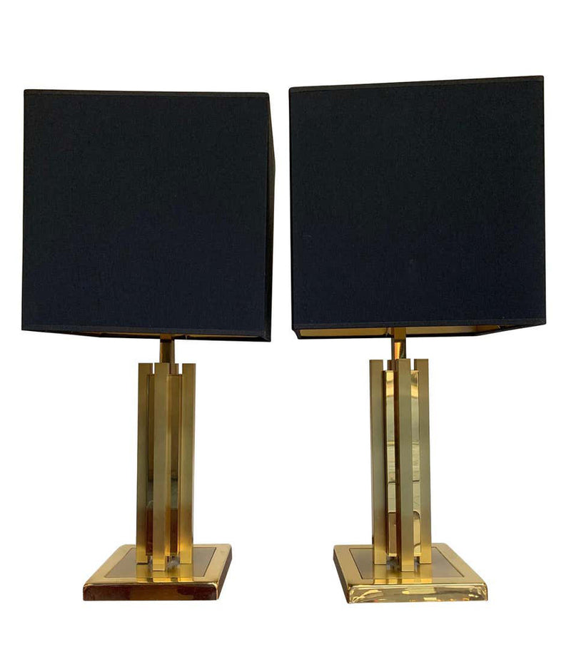 A PAIR OF 1970S WILLY RIZZO STLYE BRASS LAMPS WITH NEW BESPOKE SHADES